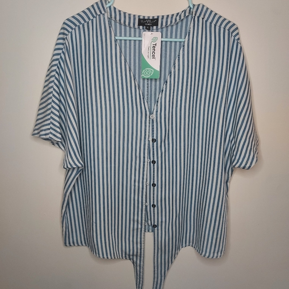 Marshalls Blue and White Mandarin Collar Button Down Shirt